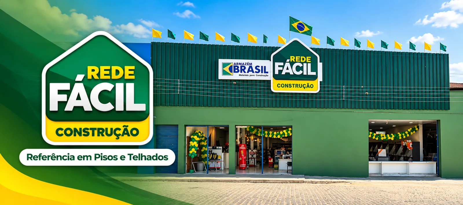 Fachada verde da Rede Fácil Construção Armazém Brasil em Pocinhos, referência em pisos e telhados